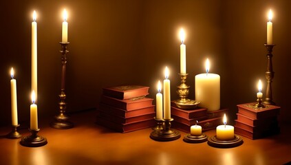 Candles burning in dark room still life with cloth, books, fruit, roses. ai generated .