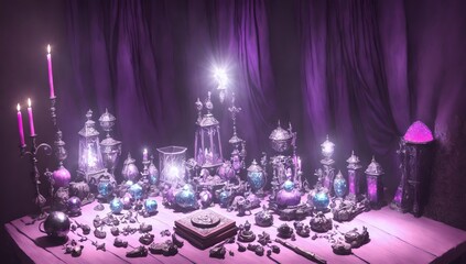 Fantasy room with purple background, cloth and religious Arabic candle and psychic crystal balls