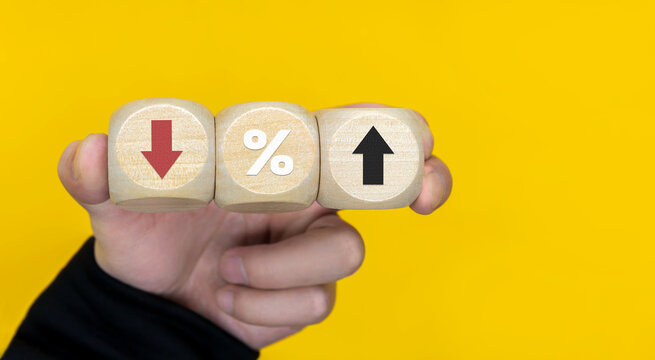 percentage to UP and Down arrow symbol icon. Interest rate, stocks, financial, ranking, mortgage rates and Cut loss concept