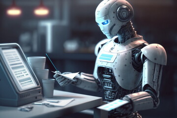 Adorable humanoid robot work on laptop. Generative AI.