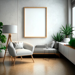 Mockup poster frame on the wall of the living room. Modern interior design of an apartment. Home interior with chimney. 3D rendering, 3D illustration
