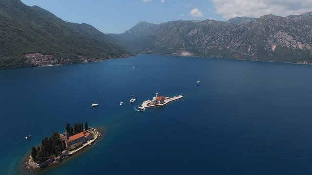 Drone view of the small islands in the Bay of Kotor