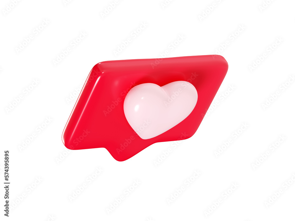 Poster speech bubble with heart 3d render icon - red love message or social media like notifications. roman