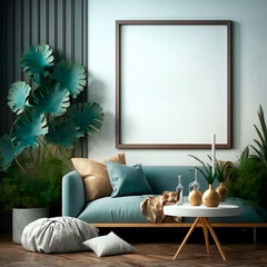 Mockup poster frame on the wall of the living room. Modern interior design of an apartment. Home interior with chimney. 3D rendering, 3D illustration