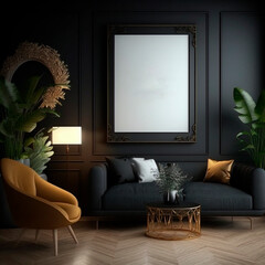 Mockup poster frame on the wall of the living room. Modern interior design of an apartment. Home interior with chimney. 3D rendering, 3D illustration