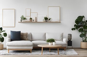 Bright beige sofa, coffee table and empty frames on white wall. Cushions and plants. Mockup template. Concept art. Illustration.