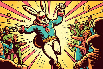 Easter illustration with anthropomorphic Easter bunny as disco dancer dancing and partying, pop art style, Generative Ai
