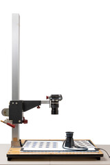 Camera On Copy Stand With Light Box White Background Copy Space