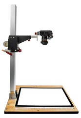 Camera On Professional Copy Stand Isolated On White With Copy Space