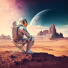 Astronaut rests admiring the view on an extraterrestrial planet, Generative ai

