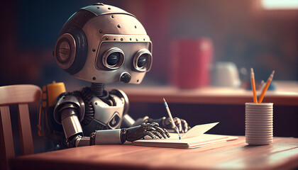A futuristic little robot studies in the classroom, Generative ai
