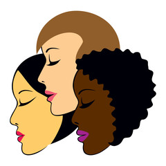Twarze trzech pięknych kobiet o różnym kolorze skóry.  Profile twarzy, różne rasy, czarna, biała, żółta. Ładne dziewczyny o kolorowej skórze. Ilustracja wektorowa, tolerancja rasowa, akceptacja różnic