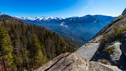 panorama of mountains in sequoia national park seen from moro rock; spring panorama of unique...