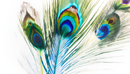 peacock feather closeup isolated on white background