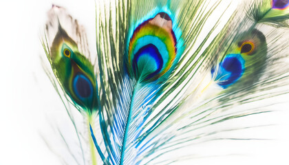 Naklejka premium peacock feather closeup isolated on white background