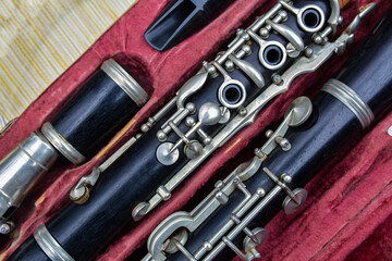 Disassembled clarinet in its case .