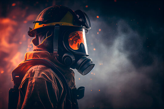 Side view of a firefighter with gas mask and helmet on dark background with smoke. Copy space. Generative AI illustration