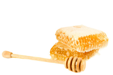 Honeycomb and dipper isolated on white background. Free space for text.