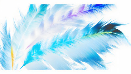 Fototapeta na wymiar Beautiful prismatic feather background, random multicolored pastel tinted blue feather texture - small fluffy blue feathers randomly scattered forming a background