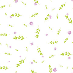 seamless repeat pattern with cute and simple purple flowers and light green leaves scattered on a white background perfect for fabric, scrap booking, wallpaper, gift wrap projects