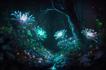 Fototapeta na wymiar The fantasy forest at night is a magical world of luminous flowers and glowing plants in a fairytale wood, Generative Ai