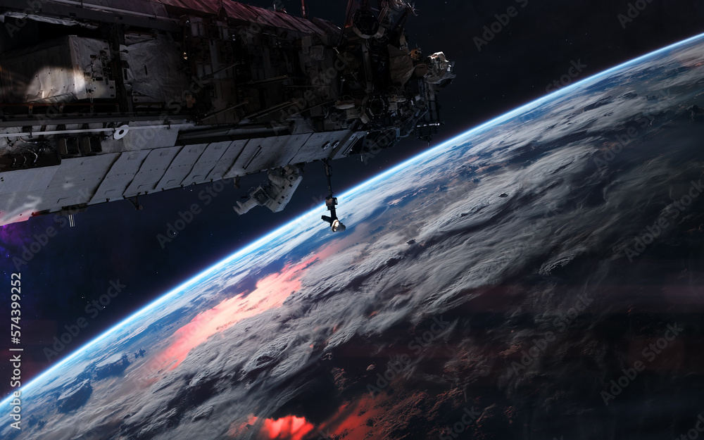 Wall mural space station on background of earth. solar system. science fiction. elements of this image furnishe