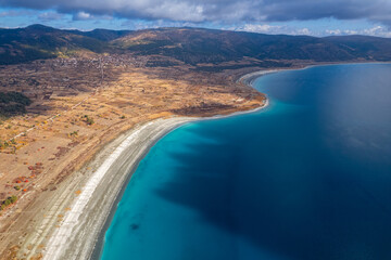 Turkey Salda lake with blue turquoise water, aerial view landscape