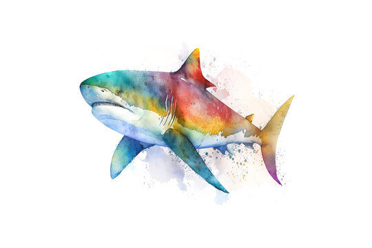 shark draw multicolored watercolors isolated on white background. AI generated