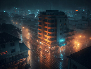 A rainy busy night in an urban city 