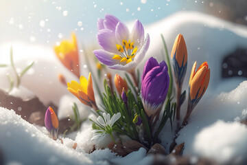First spring flowers. Blooming flowers covered snow with blurry bokeh and sparkling detail. Ai generated art