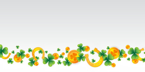 The Background of St. Patrick's Day with Green Shamrocks and Lucky Gold Coins
