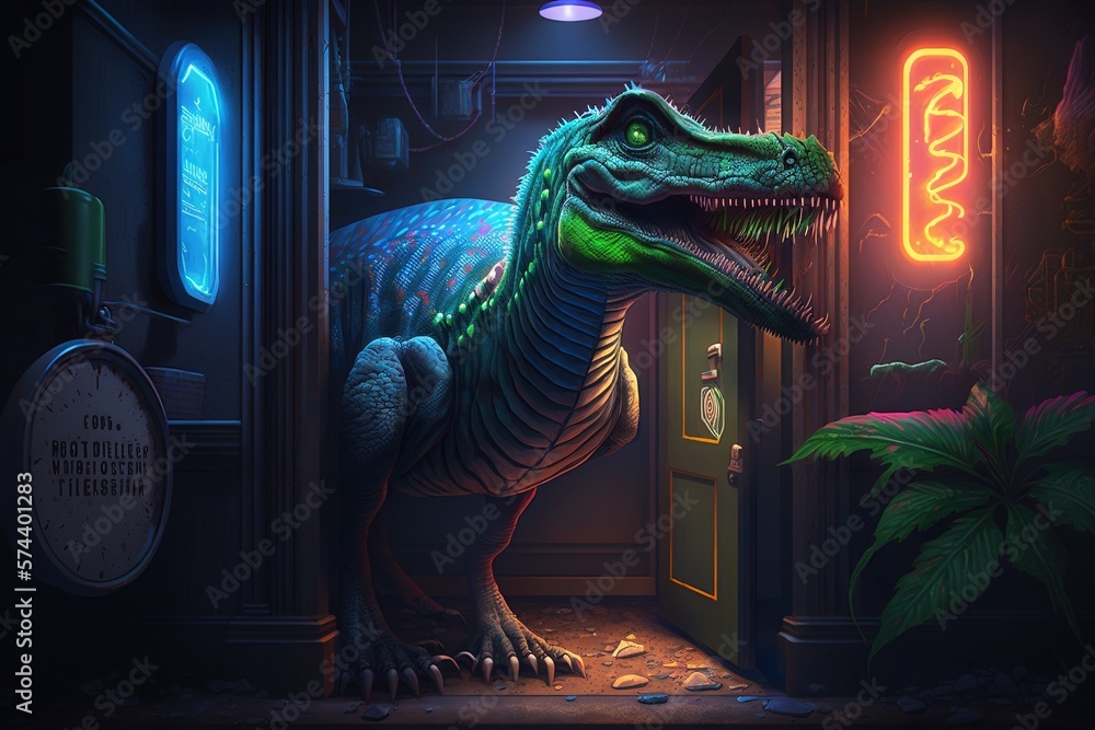 Aufkleber mysterious steps through time and space: enigmatic revelations from a neon dinosaur generative ai