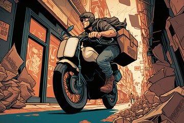 Obraz na płótnie Canvas man riding on the back of a motorcycle down a street