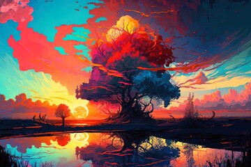 Fototapeta na wymiar Palette of Sublime Mixture: A Spring Fantasy Sunset Generative AI