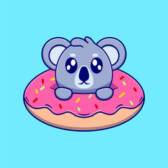 Cute koala with donut cartoon icon illustration