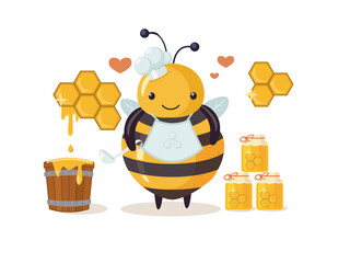 Plump glutton drone adoring honey. Cartoon bee cute character in flat style.
