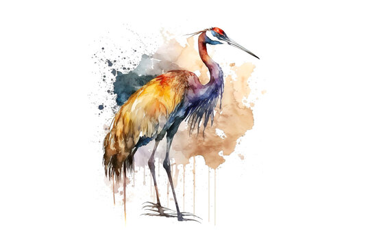 crane painted with multi-colored watercolors isolated on a white background. AI generated