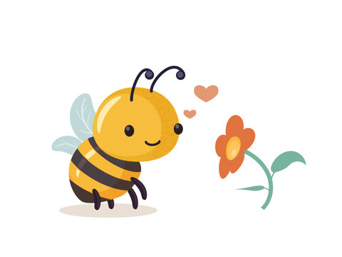Romantic dreaming bee and flower. Cartoon bee cute character in flat style. Vector illustration.