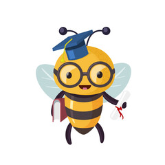 Scientist bee student graduate. Cartoon bee cute character in flat style.