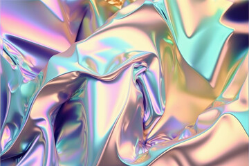 Fototapeta na wymiar Pastel colored holographic Crumpled iridescent foil real texture background. Generative ai.