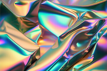 Pastel colored holographic Crumpled iridescent foil real texture background. Generative ai.