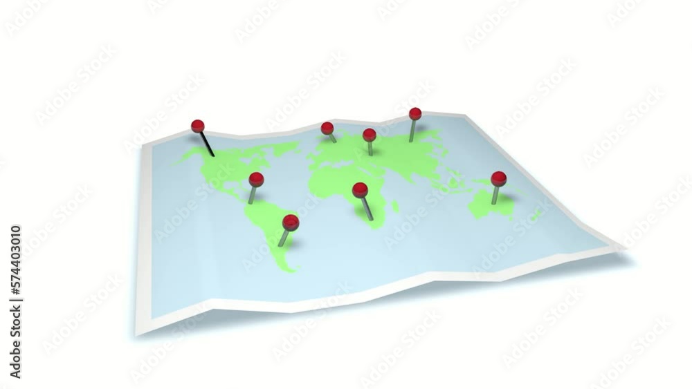 Poster markers on the world map. the carnations are stuck in a paper map of the world.