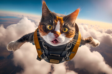 Athletes funny cat with a frightened muzzle skydivers jump from an airplane falling in free fall above the ground and clouds. Generative AI technology.