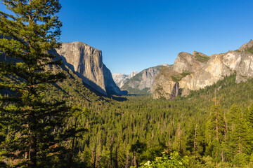 The view of the Yosemite National Park from the tunnel entrance to the Valley, California, USA. Yosemite Valley as seen from Tunnel View.