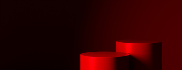 Obraz premium Red podium for premium product placement on dark background. Pedestal studio display mockup. luxury platform stand design template.