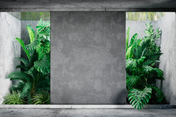 Blank concrete wall in modern empty room with tropical plant garden. Luxury house interior with green palm trees. Minimal architecture design. - 574404252