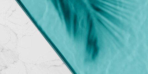 Luxury swimming pool and palm shadow in water top view. Summer tropical background for product placement podium mockup. - 574404296