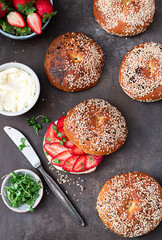 Breakfast bagel sandwich with cream cheese and strawberries	