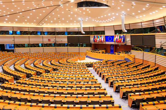 Interior of the plenary room of the European parliament in Brussels, Belgium