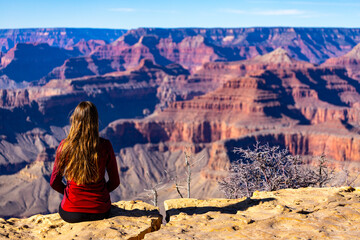 Rear view of a long-haired girl sitting on the edge of the grand canyon admiring the unique...